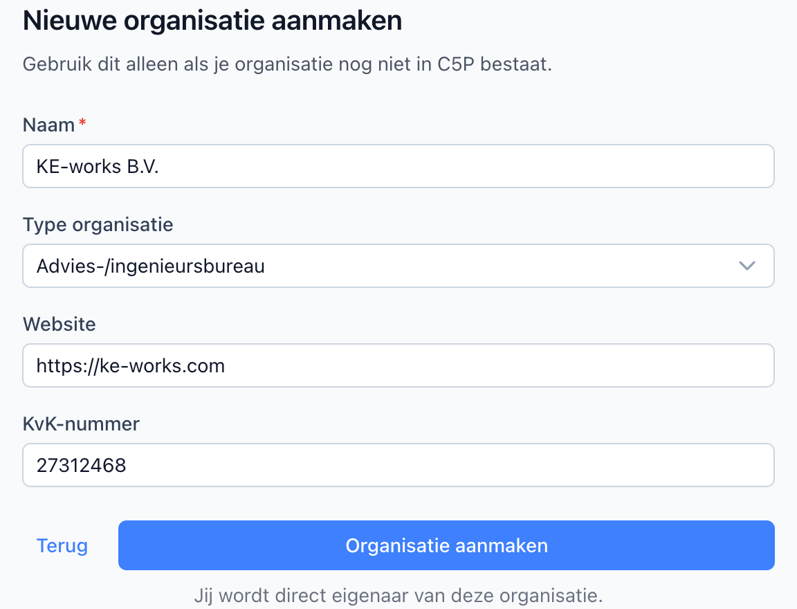 Formulier om een nieuwe organisatie aan te maken
